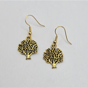 Tree Of Life Earrings Goldtone Pierced Dangle Drop Nature Earth Boho Casual NEW